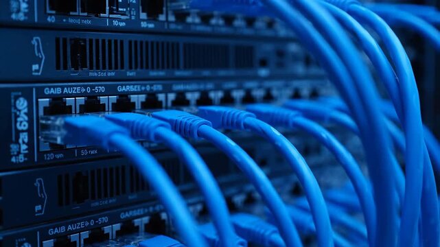 Close up of a server rack with many blue network cables plugged into ports in a data center environment.
