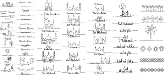 Ramadan Kareem and Eid Mubarak Hand Drawn Design Collection - Islamic Calligraphy Typography with Mosque, Crescent Moon and Decorative Elements Set - Vector Line Art Bundle for Muslim Holiday Celebrat
