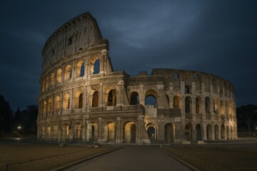 Fototapeta premium Illuminated Colosseum at Night, Rome: Ancient Roman Architecture and Historical Landmark Under a Dark Sky