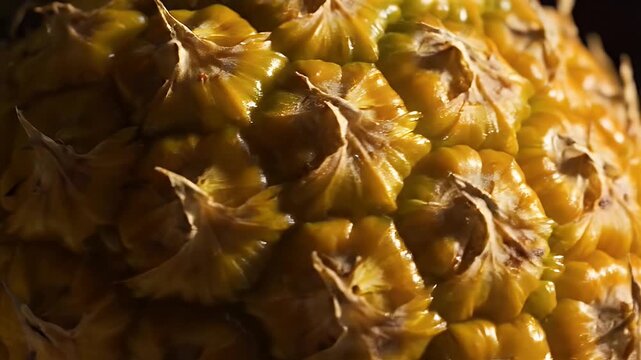 Abstract close-up of a pineapple's vibrant golden-yellow and brown skin, emphasizing the intricate, bumpy texture and captivating natural geometric patterns of this tropical fruit