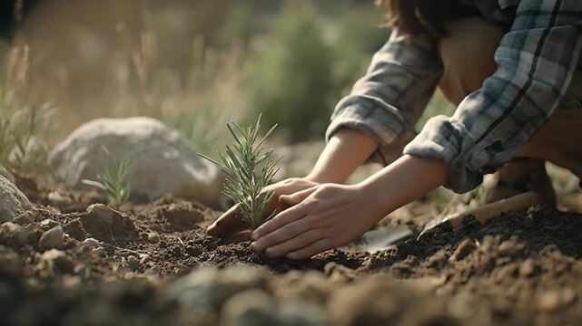 A person planting a small green sapling in the dirt with their hands in a natural outdoor environment from a close-up view