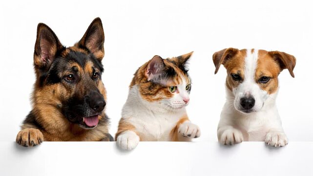 German shepard, domestic cat, and jack russell terrier peeking over a white surface with changing facial expressions for pet shop marketing, veterinary, pet care, animal health concept footage