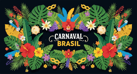 Obraz premium Vibrant Carnaval Brasil logo with colorful tropical leaves, flowers, and masks on a black background.