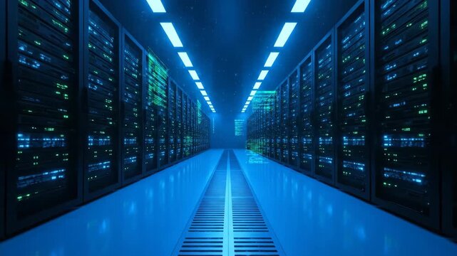 A server room with rows of computers lit by blue and green lights.