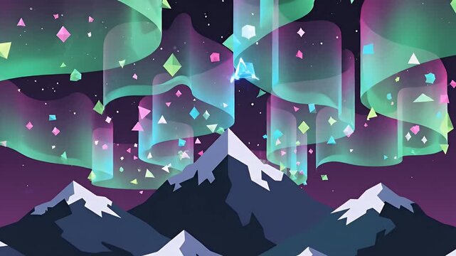 Colorful geometric aurora above snowy mountain range at night
