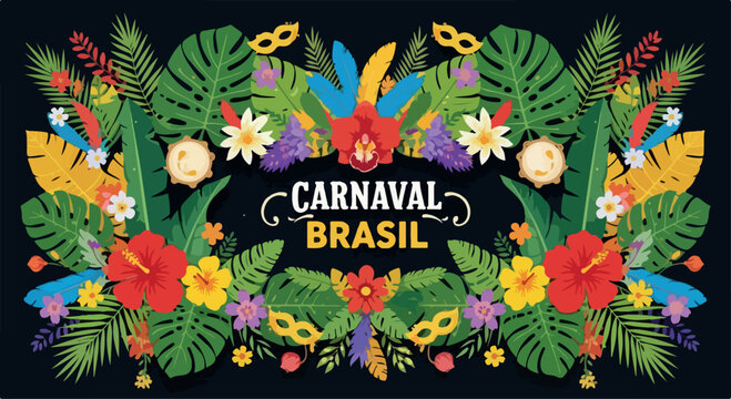 Vibrant Carnaval Brasil logo with colorful tropical leaves, flowers, and masks on a black background.