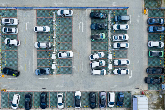 Aerial view of electric vehicle charging station