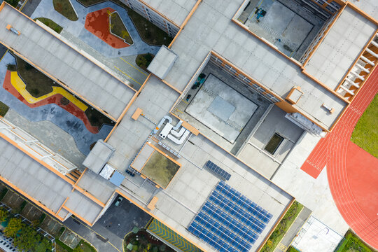 Aerial view of rooftop solar panels