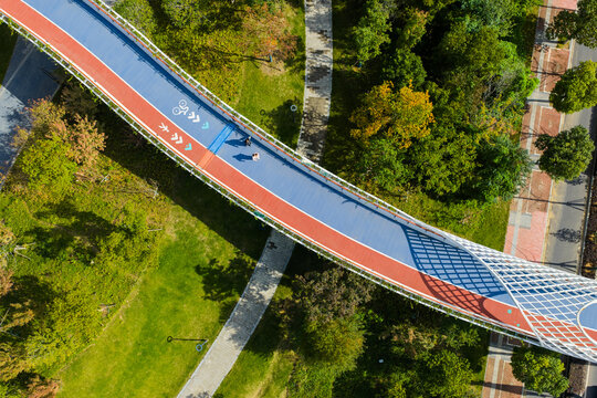 Aerial view of park greenway and walking path