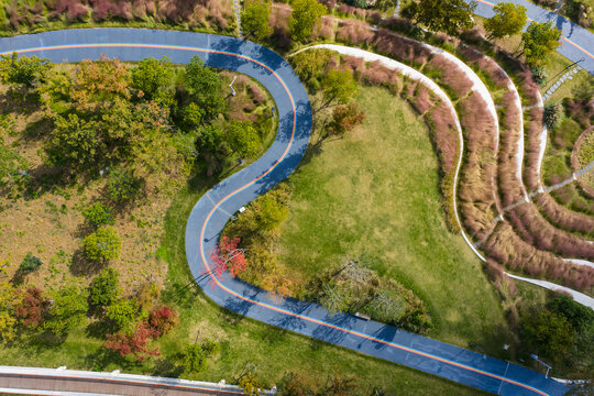 Aerial view of park greenway and walking path