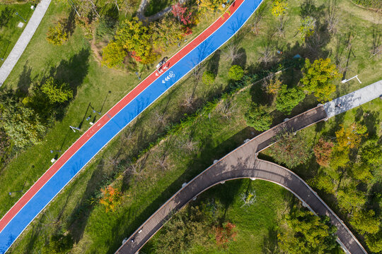 Aerial view of park greenway and walking path