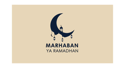 Obraz premium A crescent moon and mosque silhouette vector design with 'Marhaban Ya Ramadhan' text in a simple, Islamic greeting card template with a beige background and dark blue graphics.