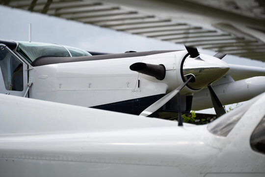 Close up detail of turboprop aircraft engine cowling  