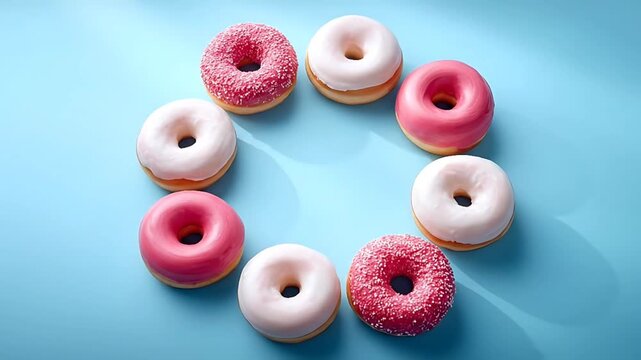 Donuts arranged in a circular pattern on a blue surface viewed from directly above showcasing various frosting colors