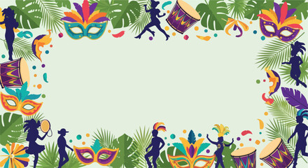 Fototapeta premium Colorful border design featuring silhouettes of people dancing and Mardi Gras masks on a green background with leaves and confetti.