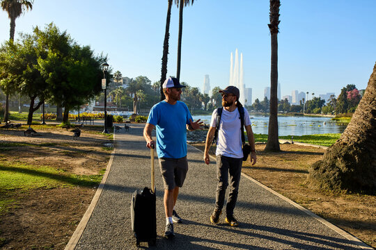 People walking through Echo Park in Los Angeles
