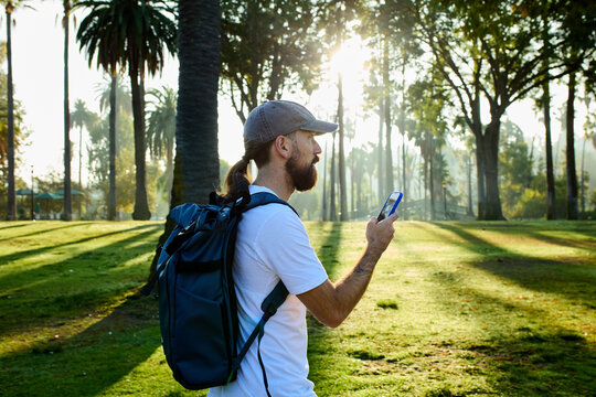 Backpacker walks in the park