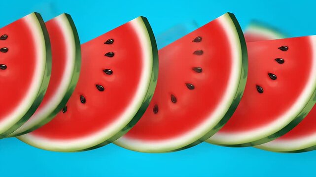 Vibrant and refreshing slices of ripe watermelon with dark seeds arranged neatly in a repeating pattern on a bright blue background, perfect for a summer treat or healthy snack