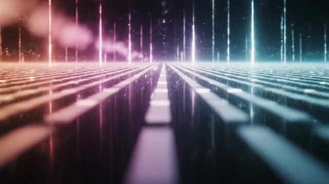 Abstract Digital Landscape with Neon Lights and Grid.