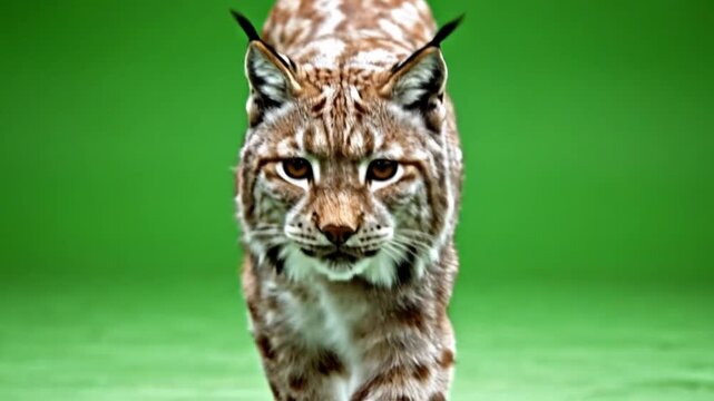 A bobcat walks towards the camera on a green studio background, with a green floor and gradient background, likely used for a composite image