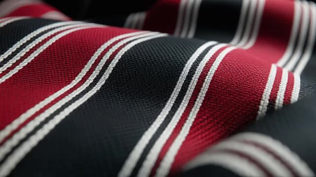 A textured fabric with elegant stripes in black, white, and a deep red, with a wave-like drape