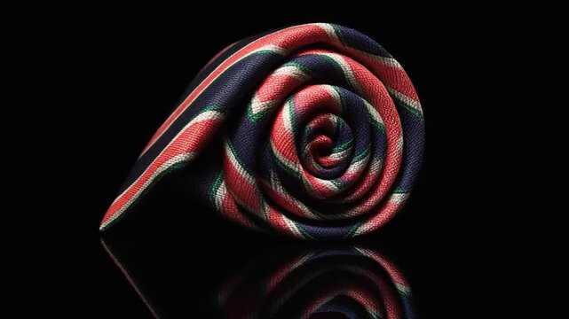 Close-up of a rolled striped tie with navy, red, white, and green stripes on a black reflective surface