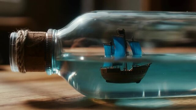 A miniature ship model floats inside a glass bottle on a table.