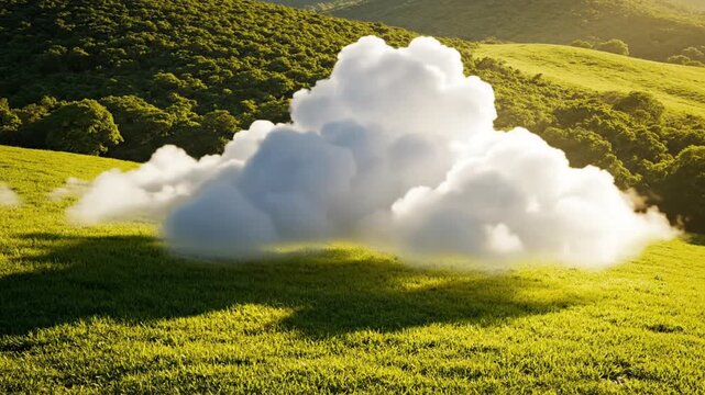 A serene landscape of a lush green rolling hill with a large fluffy cloud casting a shadow, set against a sunny background, possibly used for relaxation or environmental concepts
