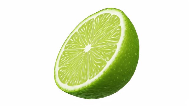 Bright green half lime slice, freshly cut and isolated on white. Refreshing citrus fruit, perfect for culinary and beverage projects