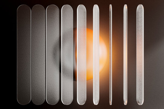 3D render of vertical frosted glass bars with glowing light sour