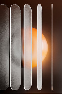 3D render of vertical glass elements over glowing orange light