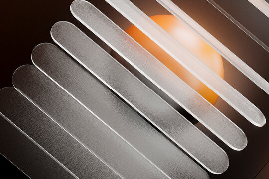 3D render of curved frosted glass bars over warm background ligh