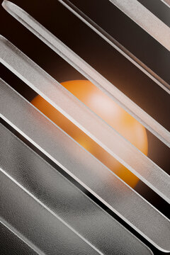 3D render of diagonal frosted glass layers over warm glowing orb
