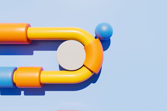 3D render of colorful tube connection with ball on light blue ba