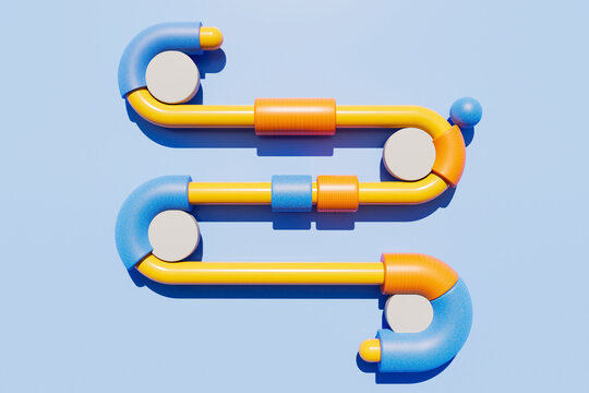 3D render of colorful bent tubes with abstract circular shapes
