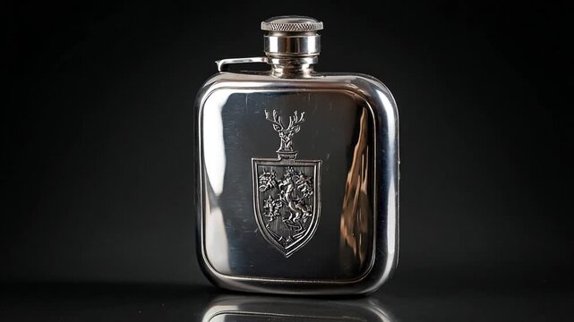 A polished silver flask with an intricate crest. It has a rounded form and a threaded cap
