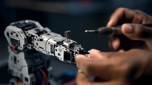 Person assembling robot with screwdriver in hand in workshop