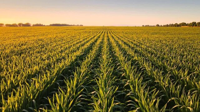 A serene sunrise over a vast agricultural field with lush green crops growing in rows, symbolizing growth and new beginnings