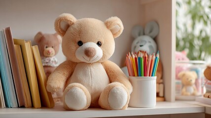 Adorable Teddy Bear Sitting Amongst Books and Coloring Pencils on a Shelf in a Child's Room