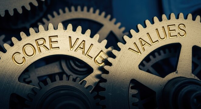 Gears inscribed with 'Core Values' representing business principles, company ethics, strategic alignment, and organizational culture