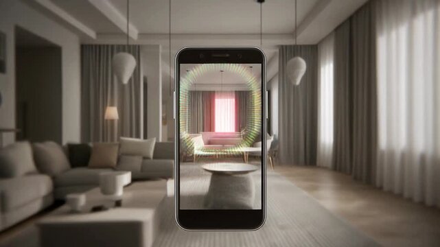 Augmented Reality Smartphone Shows a Modern Livingroom Interior, Illuminated by Natural Light, Captured Mid‑Air