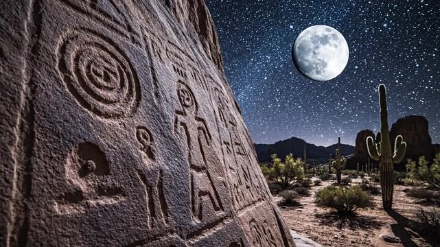 Ancient petroglyph rock in desert landscape with cactus and full moon