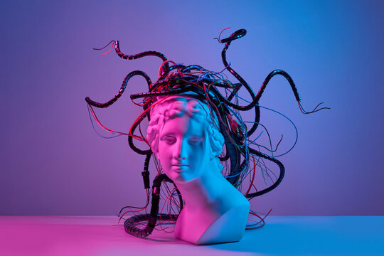 Neon cyber antique bust with cables