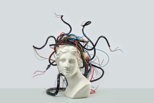 Cyber statue - marble bust with AI wires