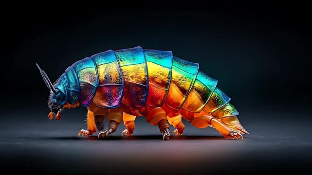 A vibrant, multicolored illustration of a tardigrade viewed from the side on a dark background surface with subtle gradient shading effects