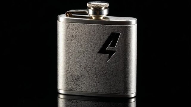 A stainless steel flask with a textured surface, a cap, and a geometric design on the front
