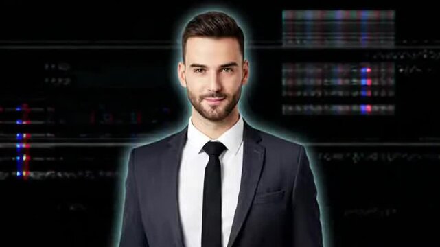 Businessman standing in front of a digital background with glowing lines