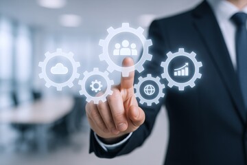 Fototapeta premium Business Strategy Concept: Man Interacting with Digital Gears Interface Representing Teamwork, Growth and Business Solutions