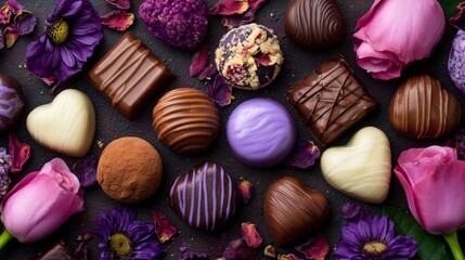 Fototapeta premium luxury chocolate truffles flat lay, Valentine candy gift set, textured backdrop, editorial food styling, shallow depth of field