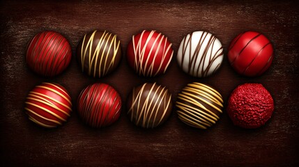 Fototapeta premium luxury chocolate truffles flat lay, Valentine candy gift set, textured backdrop, editorial food styling, shallow depth of field